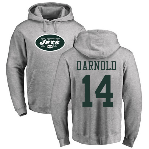 New York Jets Men Ash Sam Darnold Name and Number Logo NFL Football 14 Pullover Hoodie Sweatshirts